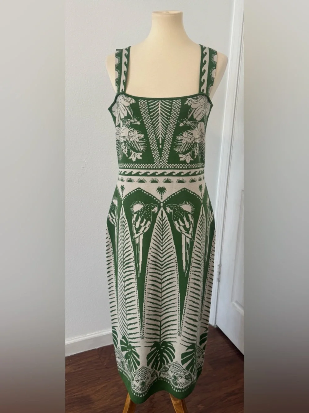 Farm Rio Macaw Jacquard Sweater Dress Fitted Square Neck Resort Vacation Large - Picture 1 of 12